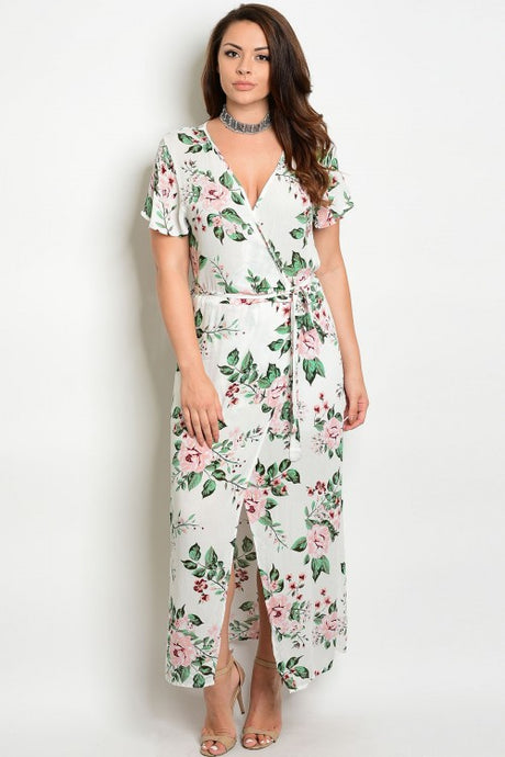 Off White Floral Print Belted Surplice Maxi Dress- Plus Size