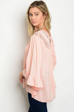 Peach Round Neck Lace Bell Sleeve Ruffle Top