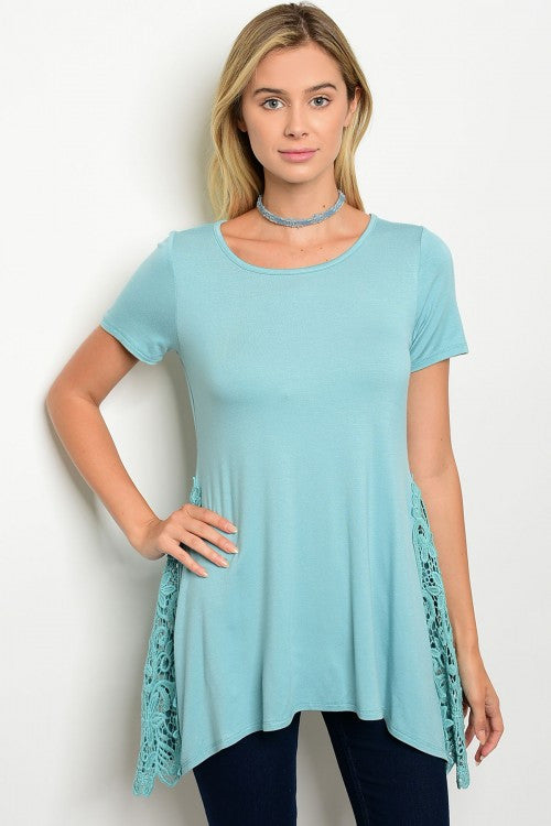 Mint Short Sleeve Side Lace Detail Tunic Top