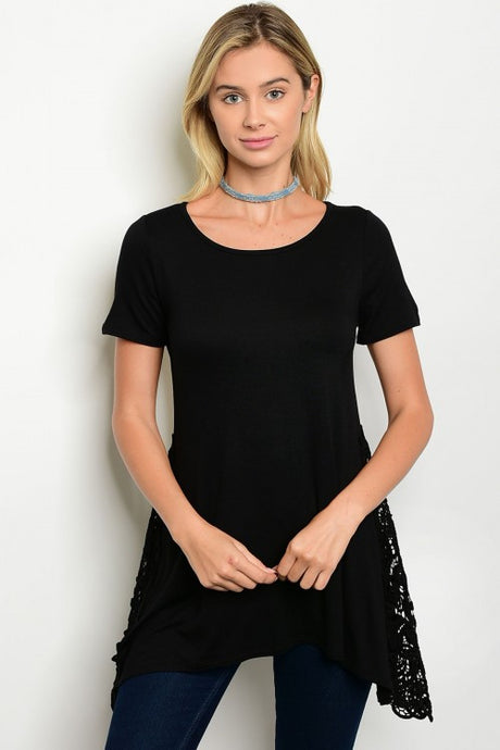 Black Short Sleeve Side Lace Detail Tunic Top