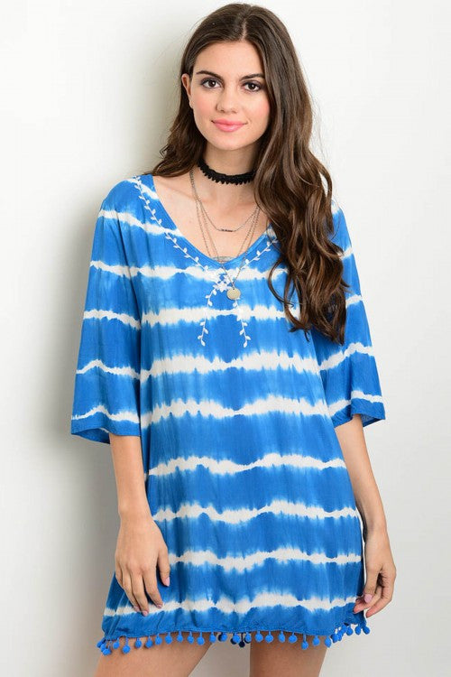 Blue & White Scoop Neck 3/4 Sleeve Tie Dye Tunic Cover Up