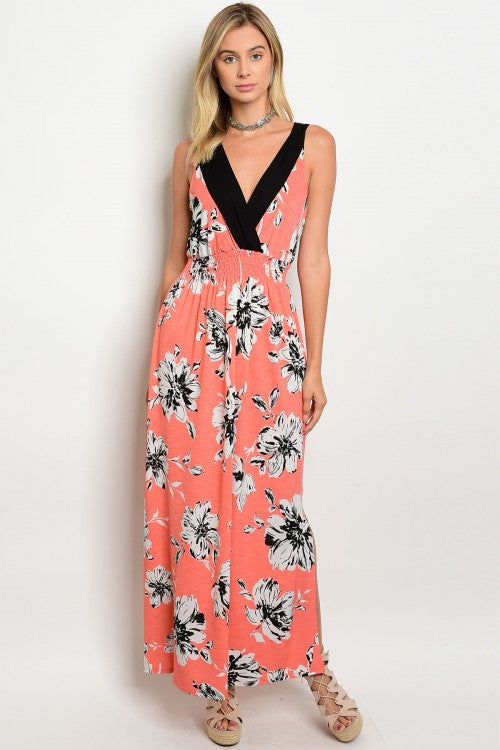 Peach Black Floral Print Sleeveless Maxi Dress
