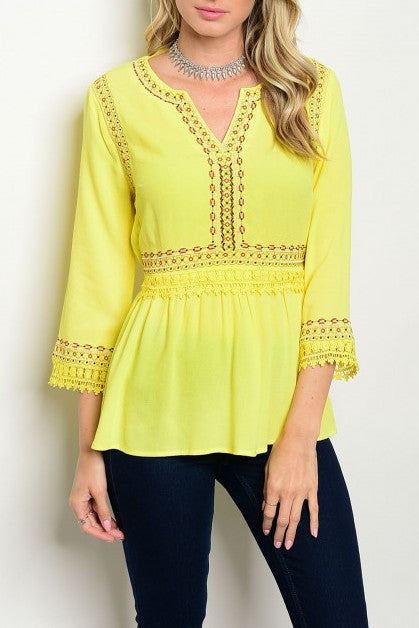 3/4 Sleeve Embroidered Yellow V-Neck Top