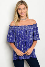 Royal Blue White Triangle Dot Off Shoulder Tunic Top