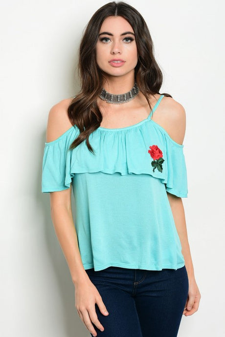 Mint Embroidered Flower Off Shoulder Ruffle Top