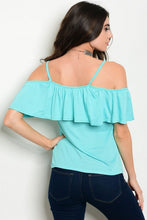 Mint Embroidered Flower Off Shoulder Ruffle Top