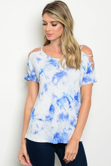 White & Blue Cold Shoulder Tie Dye Top