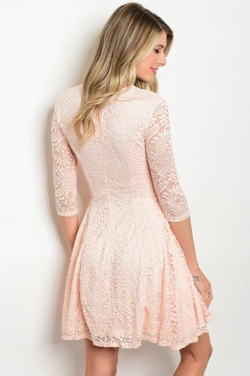 Light Peach 3/4 Sleeve Lace Mini Skater Dress L Light Peach 3/4 Sleeve Lace Mini Skater Dress L