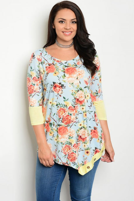 Light Blue Floral Print Yellow 3/4 Sleeve Tunic Top - Plus Size