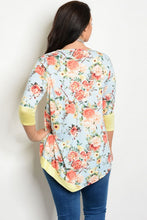 Light Blue Floral Print Yellow 3/4 Sleeve Tunic Top - Plus Size