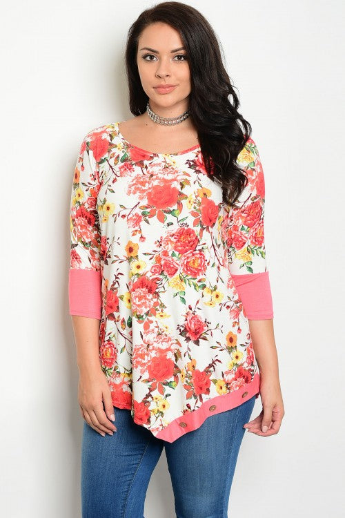 Ivory Floral Print Coral 3/4 Sleeve Tunic Top - Plus Size