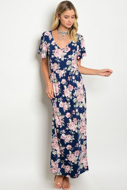 Navy Pink Floral Angel Sleeve Maxi Dress – Lady Laila Boutique