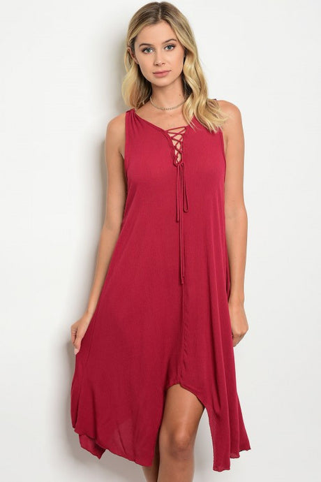 Burgundy Sleeveless Lace Up Front Crochet Lace Back Tunic Dress