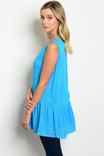 Turquoise Sleeveless Crochet & Plated Detail Tunic Top