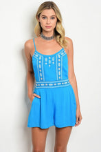 Turquoise Spaghetti Strap Floral Embroidered Romper