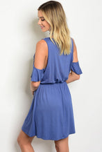 Blue Cold Shoulder Ruffle Detail Smoked Waist Jersey Mini Dress