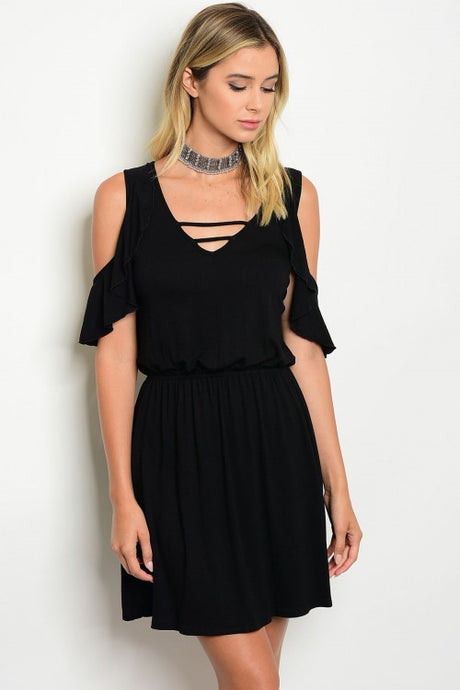 Black Cold Shoulder Ruffle Detail Smoked Waist Jersey Mini Dress