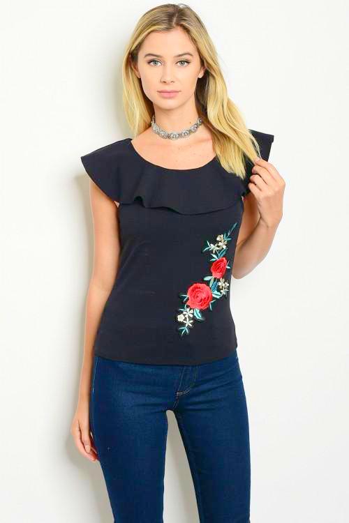 Navy Embroidered Flower Ruffle Top
