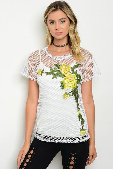 White Embroidered Flower Mesh Top