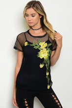 Embroidered Flower Black Mesh Top