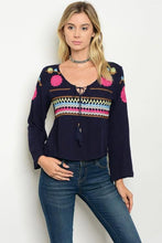 Navy Embroidered Long Sleeve Blouse