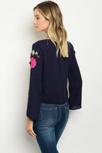 Navy Embroidered Long Sleeve Blouse