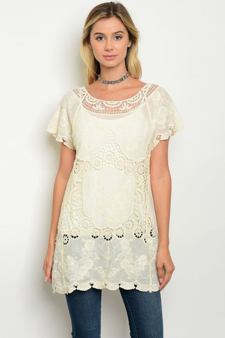 Natural Short Sleeve Crochet Lace Tunic Top