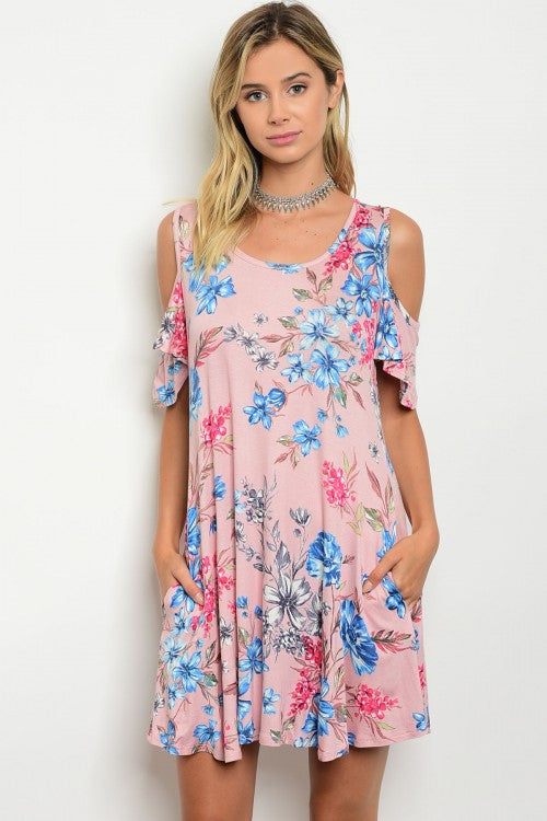 Mauve Floral Print Cold Shoulder Side Pocket Jersey Dress – Lady Laila ...