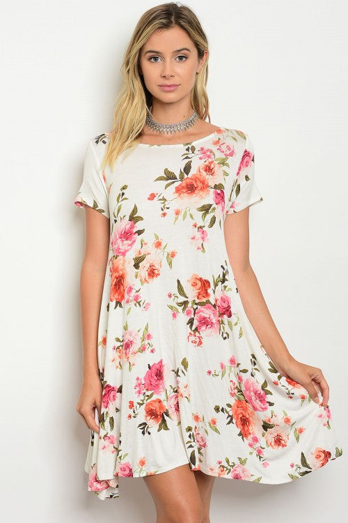 Ivory Floral Print Short Sleeve Loose Tunic Dress – Lady Laila Boutique