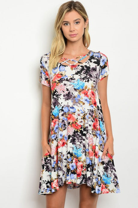 Ivory Coral Short Sleeve Floral Print Jersey Tunic Dress
