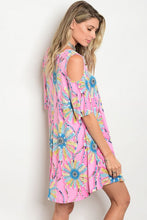Pink and Blue Cold Shoulder Feather Print Tunic Dress