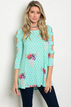 Mint Printed Cut Out 3/4 Sleeve Jersey Tunic Top