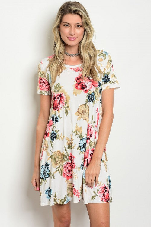 Loose Fit Ivory Red Floral Print Short Sleeve Tunic Dress