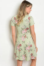 Sage Floral Print Short Sleeve Jersey Mini Dress