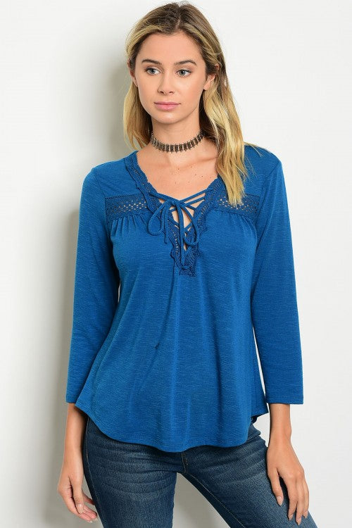 Teal Lace Up V-Neck Lace Detail Knit Top