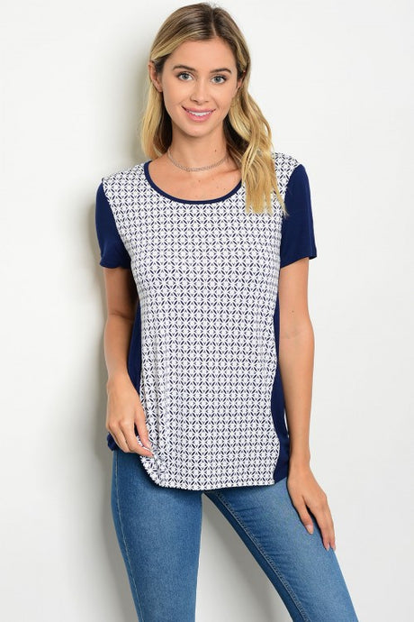 Navy White Print Jersey Tee Top