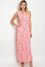 Coral White Damask Print Sleeveless Jersey Maxi Dress