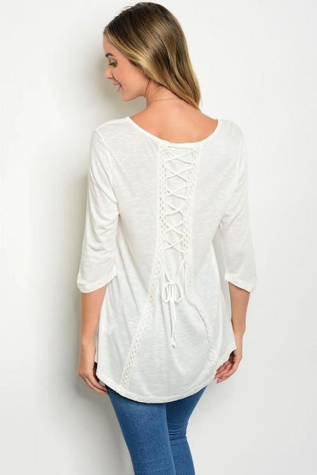 Off White 3/4 Sleeve Back Lace Up Detail Scoop Neck Top