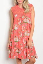 Coral Sleeveless Lace Mock Neck Vintage Floral Tunic Dress