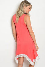 Coral Sleeveless Jersey Dress with White Trim