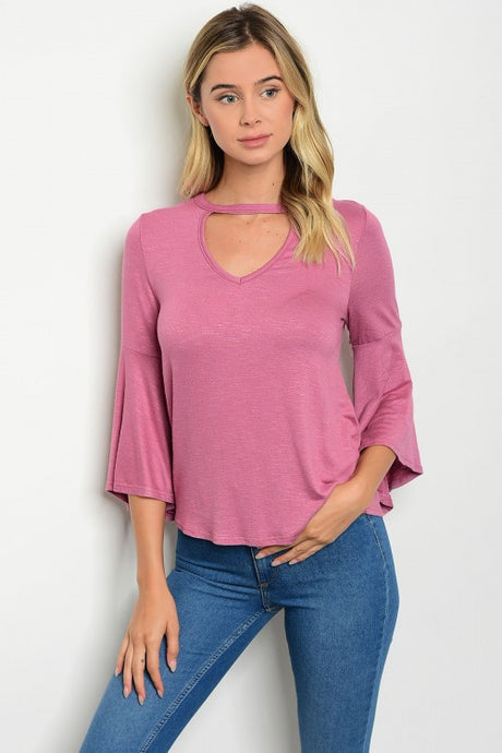 Mauve 3/4 Bell Sleeve Key Hole Top