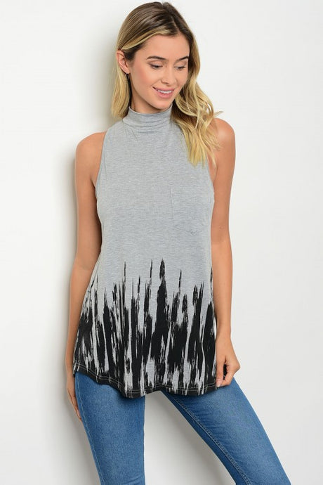 Gray Black Sleeveless Mock Neck Tie Dye Print Top