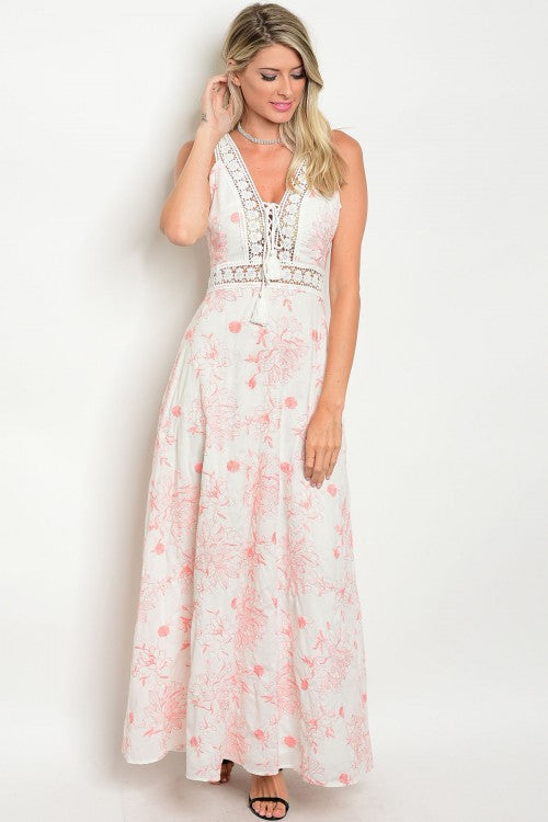 Ivory Peach Floral Embroidered Lace Detail Open Back Maxi Gown