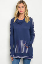 Navy Cowl Neck White Striped Long Sleeve Tunic Top