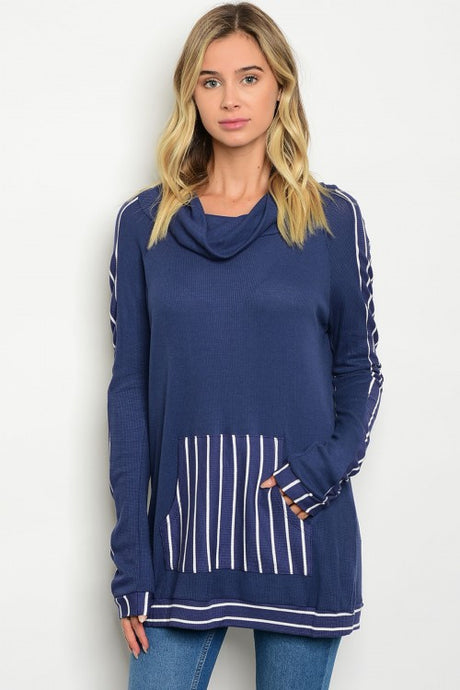 Navy Cowl Neck White Striped Long Sleeve Tunic Top