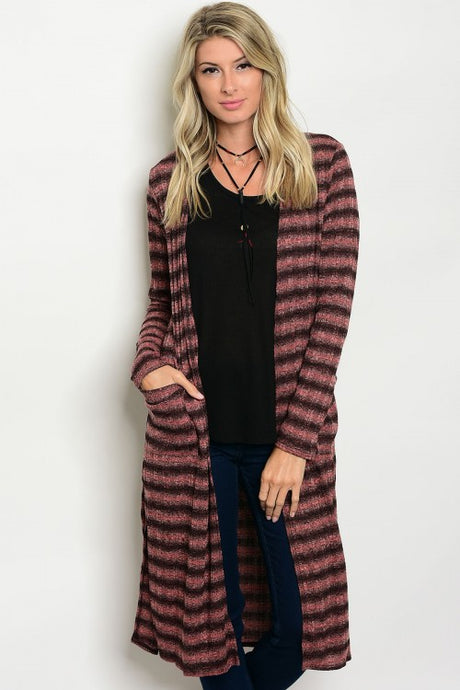 Dusty Rose Striped Black Open Front Knit Duster Cardigan