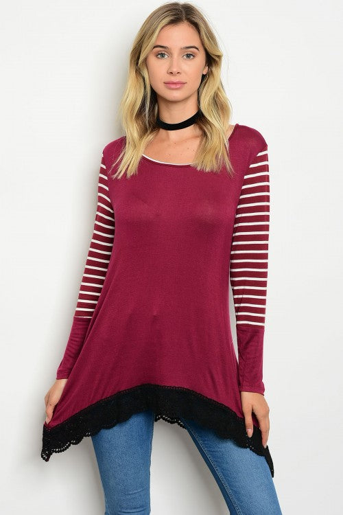 Burgundy Scoop Neck White Striped Long Sleeve Tunic Top – Lady Laila ...