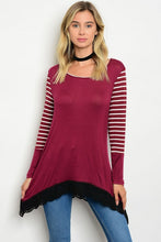 Burgundy Scoop Neck White Striped Long Sleeve Tunic Top