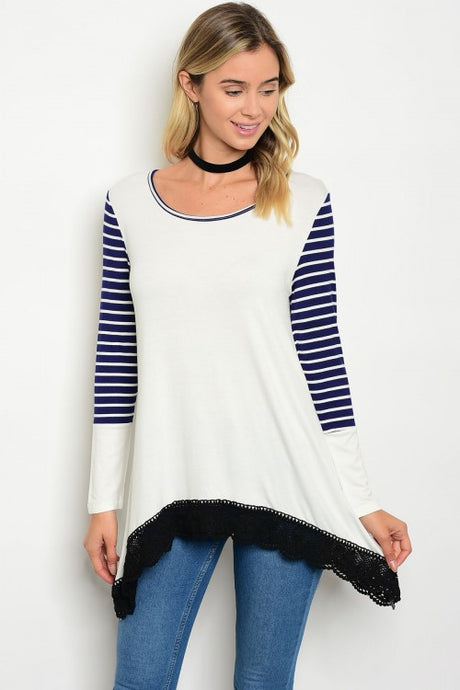 Ivory Scoop Neck Navy Striped Long Sleeve Tunic Top