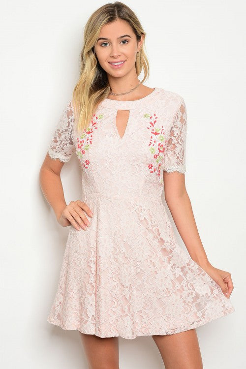 Peach Short Sleeve Lace Floral Detail Skater Dress L